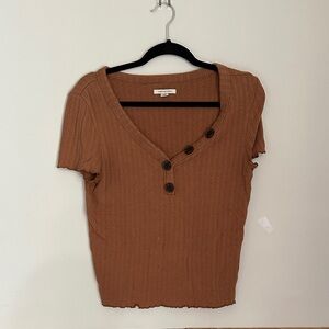 American Eagle Outfitters Ribbed Button-Accent Short Sleeve Top - Warm Brown